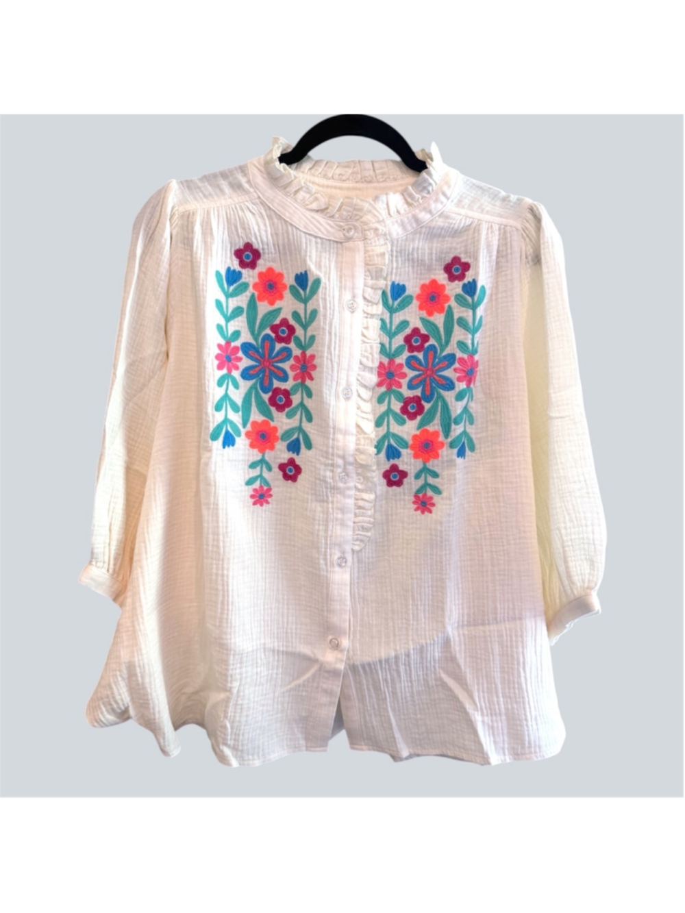 Easel Embroidered Cotton Gauze Blouse in Ivory Size S